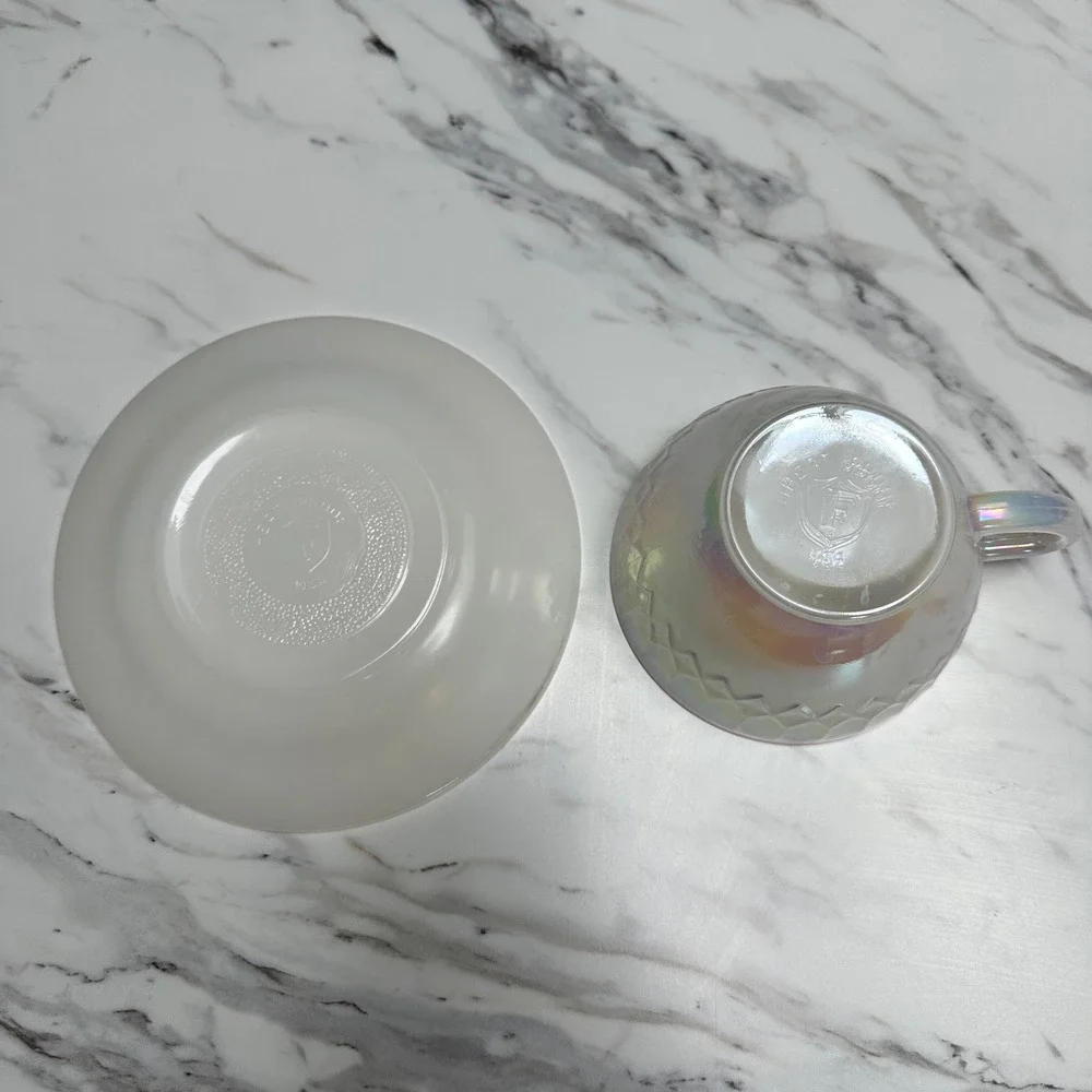 Vintage Federal Glass Moonglow Iridescent Tea Cup Saucer Set Princess Party